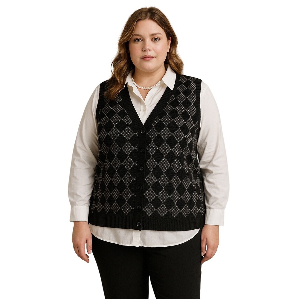 CJ Banks 3X Argyle Knit Sweater Vest Button‎ Front Old Money Academia Black Gray